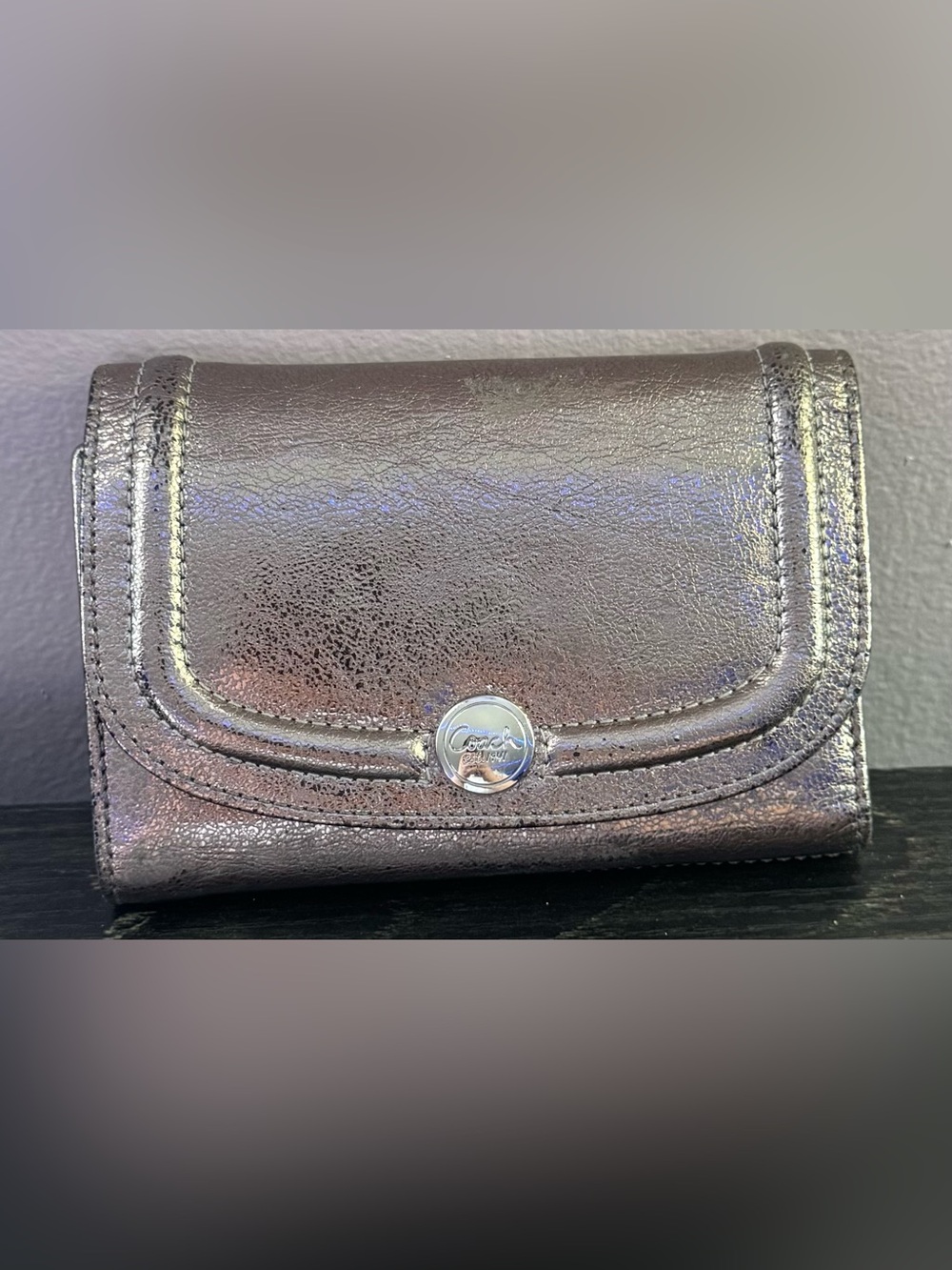 Coach Metallic Pewter Leather Snap Wallet